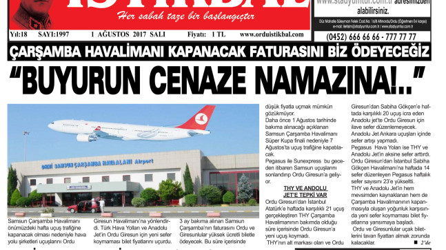 1 AĞUSTOS 2017 SALI