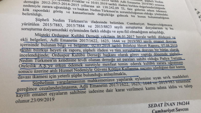 ORDUSPORUN PARASINI MENFAATİ İÇİN KULLANMIŞ                    SAVCI NEDİM TÜRKMEN’E  CEZA İSTEDİ