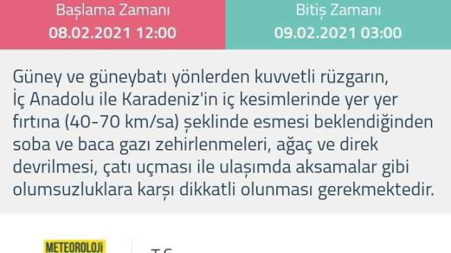 METEOROLOJİ’DEN  FIRTINA UYARISI